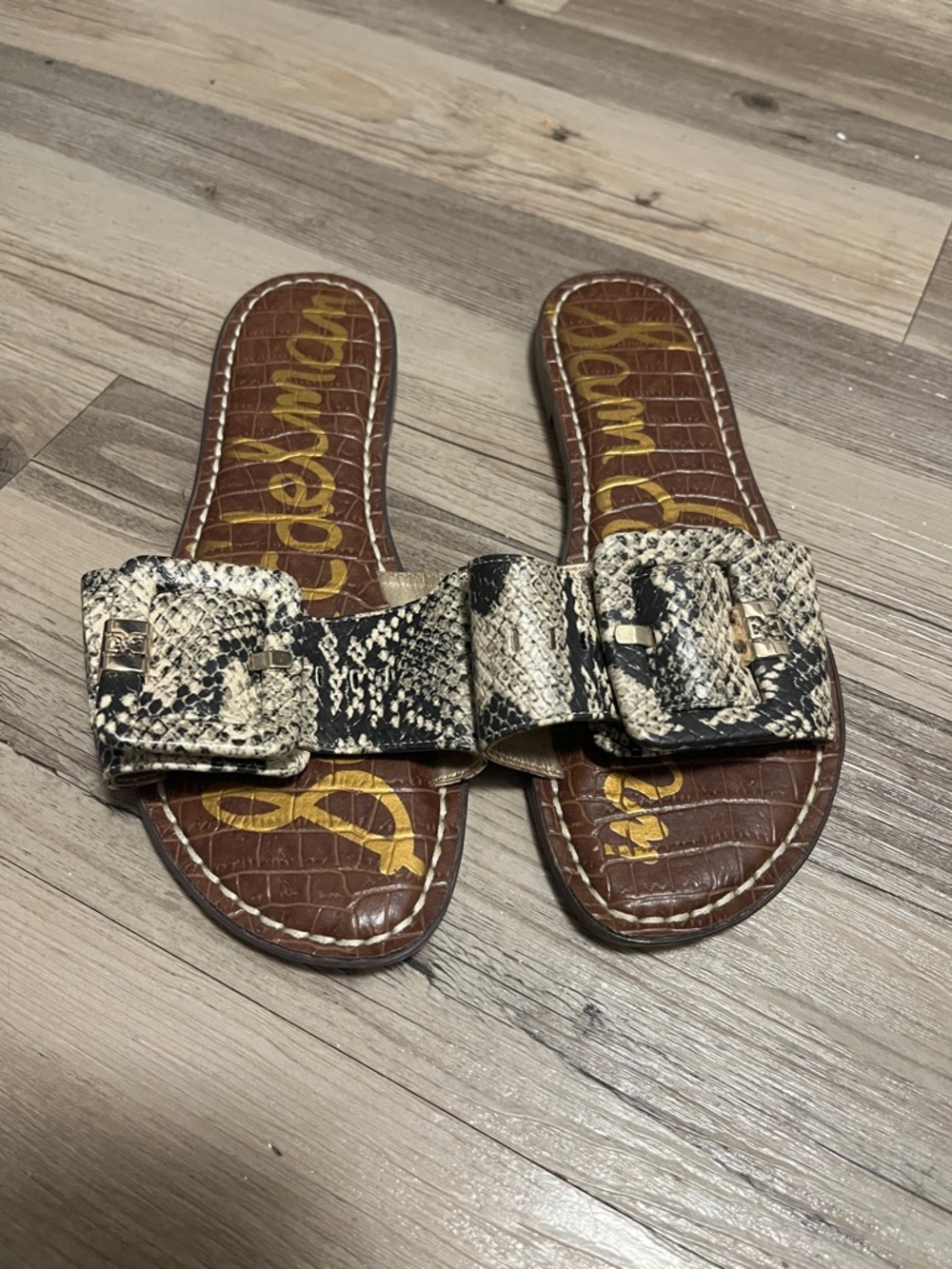 Sam Edelman Snakeskin Buckle Slide Sandals in Beige & Black